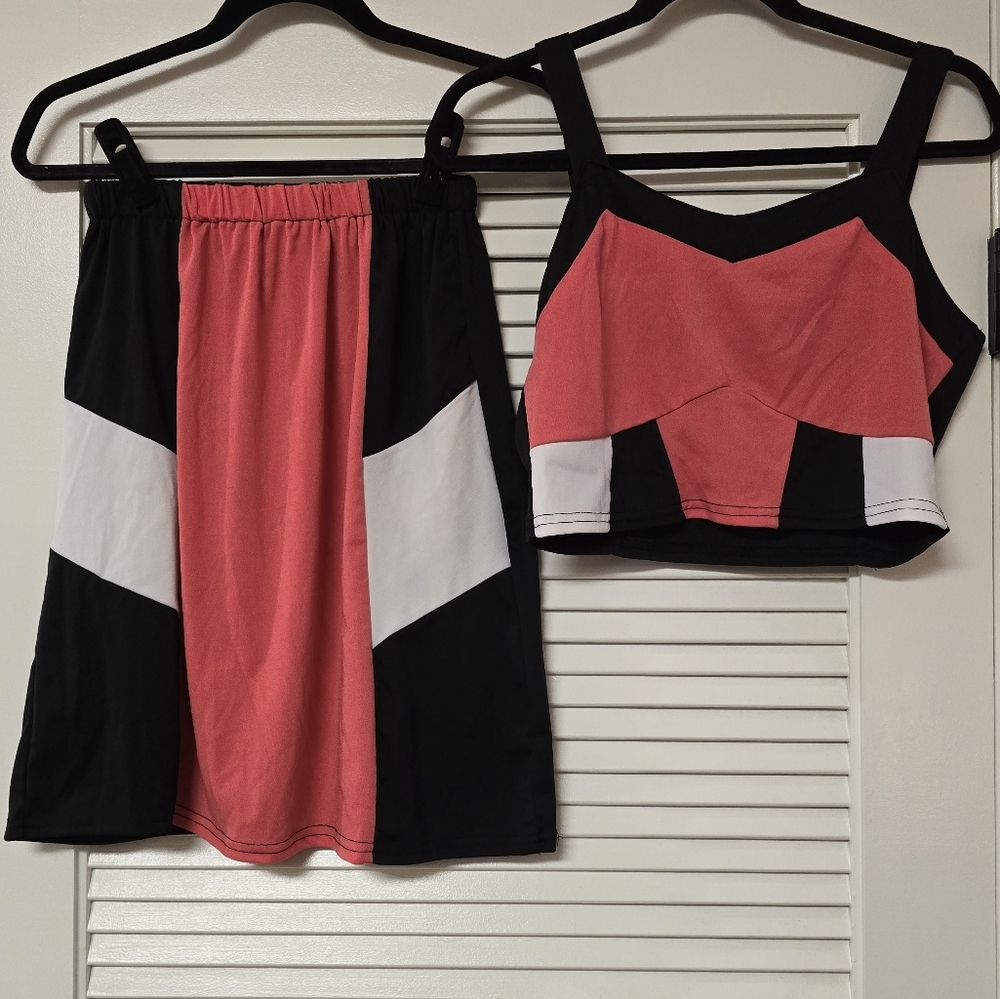 Black/White/Pink Stretchy Retro Skirt & Crop Top Set
